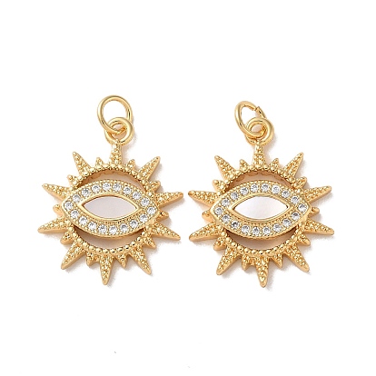 Brass Micro Pave Cubic Zirconia Pendants, Cadmium Free & Lead Free, with Shell, Real 18K Gold Plated, Sun