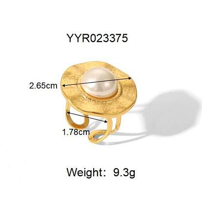 Винтажный китайский стиль 304 Кольца-манжеты из нержавеющей стали для женщин, с пластиковой имитацией жемчуга, реальный 18 k позолоченный