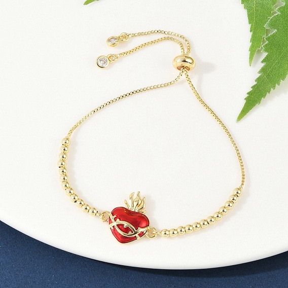 Латунные браслеты с кубическим цирконием и серебром, браслеты-цепочки в форме сердца для женщин, с эмалью