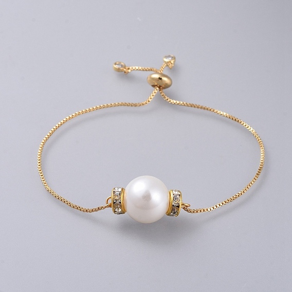Adjustable Slider Bracelets, Bolo Bracelets, with Plastic Imitation Pearl Beads, Cubic Zirconia, Brass Rhinestone Spacer Beads and Box Chains