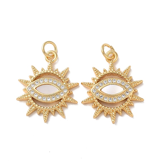 Brass Micro Pave Cubic Zirconia Pendants, Cadmium Free & Lead Free, with Shell, Real 18K Gold Plated, Sun