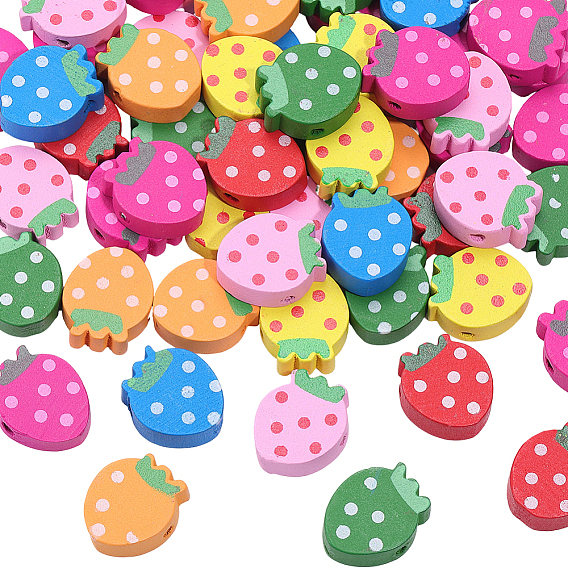 60Pcs Printed Natural Wood Beads, Spray Painted, Strawberry, Lead Free