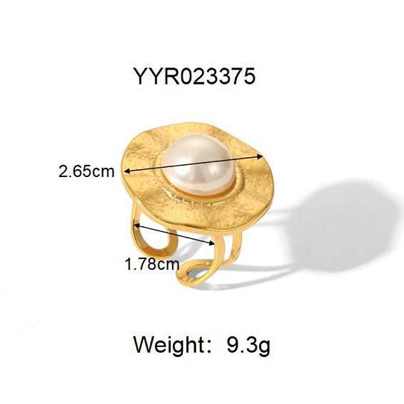 Винтажный китайский стиль 304 Кольца-манжеты из нержавеющей стали для женщин, с пластиковой имитацией жемчуга, реальный 18 k позолоченный