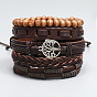 5Pcs 5 Style PU Leather Cord Bracelets Set, Tree of Life Alloy Links & Wood Beaded Stackable Bracelets