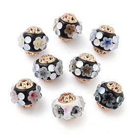 Handmade Indonesia Beads, with Alloy and Resin, Round with Flower, Golden