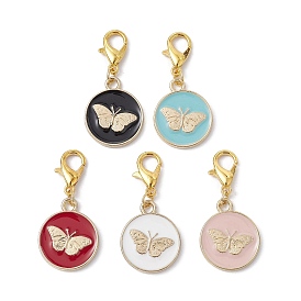 Alloy Enamel Pendant Decorations, with Zinc Alloy Lobster Claw Clasps, Flat Round with Butterfly