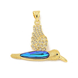 Rack Plating Brass Micro Pave Clear Cubic Zirconia Pendants, with Glass, Long-Lasting Plated, Lead Free & Cadmium Free, Brid