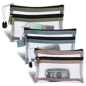 3Pcs 3 Colors 2-Layer Polyester Mesh Data Cable Storage Zipper Bags, Jewerly Bags, Rectangle