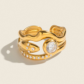 Irregular Wave Layer 304 Stainless Steel Micro Pave Cubic Zirconia Cuff Open Rings for Women, Fish, with Rhinestone