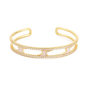 Clear Cubic Zirconia Lightning Bolt Open Cuff Bangle with Enamel, Real 18K Gold Plated Brass Jewelry for Women, Cadmium Free & Lead Free