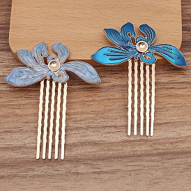 Alloy Enamel Hair Comb Findings, Round Bead Settings, with Iron Comb, Orchid Flower