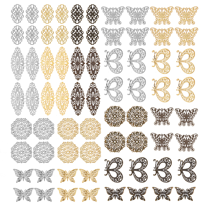 72Pcs 18 Style Brass Filigree Findings, Butterfly & Flat Round & Flower & Oval