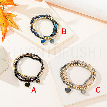 Chic Three-Color Crystal Beaded Bracelet with Heart Pendant - Stylish and Personalized Triple Wrap Bracelet for Women