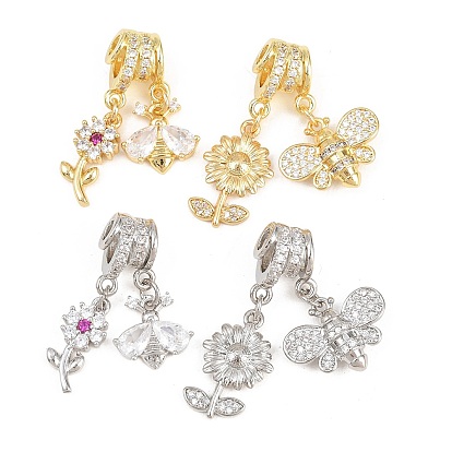 Подвески из латуни с прозрачными кубическими циркониями, инкрустированные пружинным позолотой., Подвески в виде пчелок и цветов, стойки покрытие, долговечный, без свинца и без кадмия