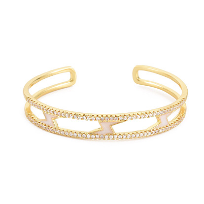 Clear Cubic Zirconia Lightning Bolt Open Cuff Bangle with Enamel, Real 18K Gold Plated Brass Jewelry for Women, Cadmium Free & Lead Free