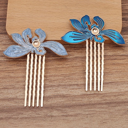 Alloy Enamel Hair Comb Findings, Round Bead Settings, with Iron Comb, Orchid Flower
