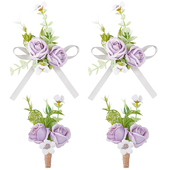 4шт 2 стиль искусственный подсолнух запястье корсаж и брошь, с тканью и шпагатом и пластиковой фурнитурой, на свадьбу и рождественский подарок