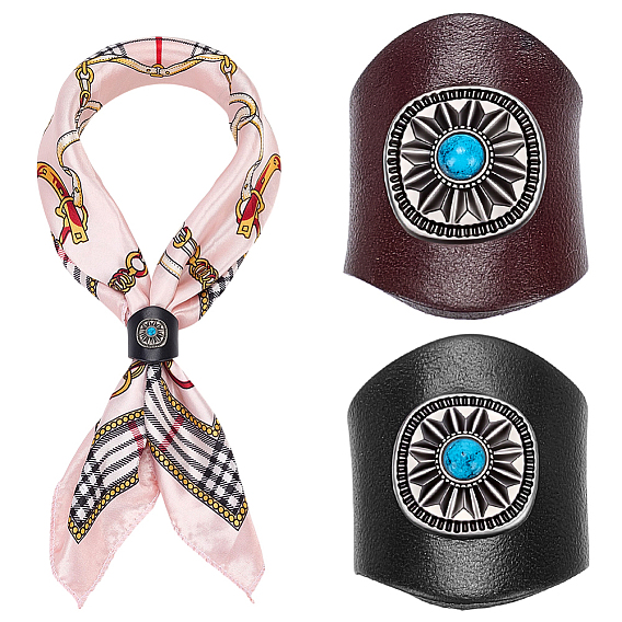 2Pcs 2 Colors Leather & Alloy & Synthetic Turquoise Scarf Clips, Scarf Buckle, Flower, Gunmetal