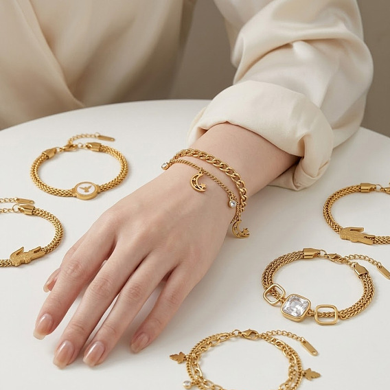 304 Stainless Steel Crystal Rhinestone & Resin 2-Strand Bracelets, Golden