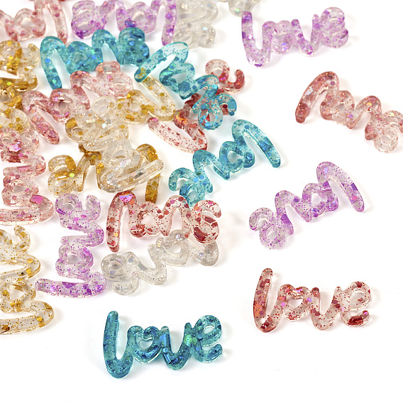 24шт 6 цвета прозрачные акриловые кабошоны, с блесток, Слово любовь