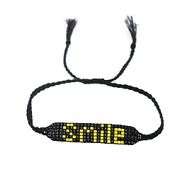 Word Smile Loom Pattern Miyuki Seed Beads Bracelets for Women, Adjustable Tassel Nylon Cord Braided Bead Bracelets