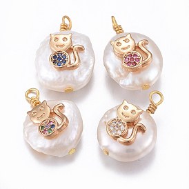 Natural Cultured Freshwater Pearl Kitten Pendants, with Brass Cubic Zirconia Findings, Baroque with Cat Shape, Golden