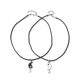 2Pcs 2 Style Yin Yang Matching Couple Necklaces Set, Alloy Enamel Pendant Necklaces with Imitation Leather Cords