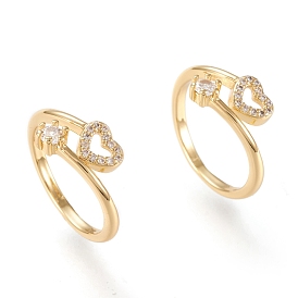 Anillas de latón ajustable micro pavimento claro cubic zirconia, anillos abiertos, sin plomo y cadmio, larga duración plateado, corazón