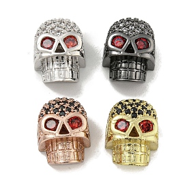 Brass Micro Pave Red Cubic Zirconia Beads, Skull