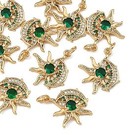 SHEGRACE Brass Pave Green Cubic Zirconia Pendants, Moon & Sun Charms, Cadmium Free & Nickel Free & Lead Free, Long-Lasting Plated