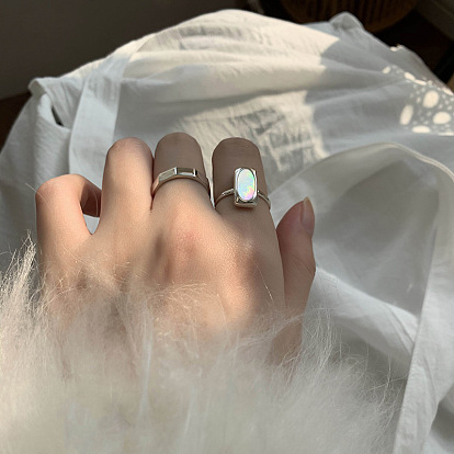 Открытые кольца-манжеты из латуни и ракушек для женщин, прямоугольные, платина