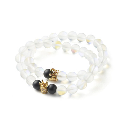 Reiki Crystal Synthetic Moonstone Stretch Bracelets Set for Girl Women Gift, Synthetic Black Stone Bracelets, Crown Brass o Pave Cubic Zirconia Beads Bracelests
