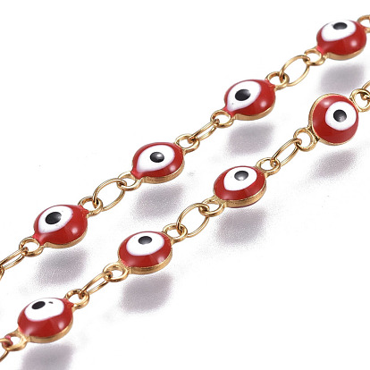 304 Stainless Steel Enamel Chains, Soldered, Flat Round with Evil Eye