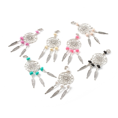 Тибетский сплав стиля большие кулоны, тканая сетка / паутина с пером и бусинами из полимерной глины ручной работы, с карабин-лобстерами 