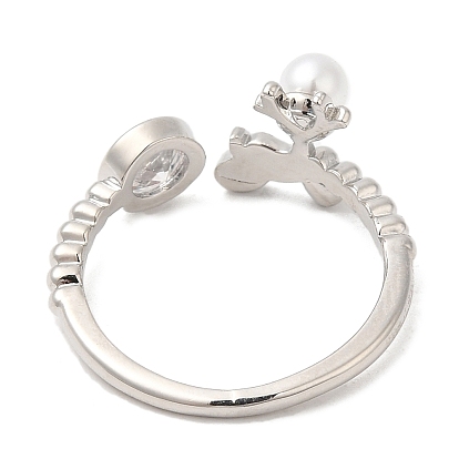 Plastic Pearl Christmas Deer Open Cuff Ring with Cubic Zirconia, Rack Plating Brass Ring, Cadmium Free & Lead Free