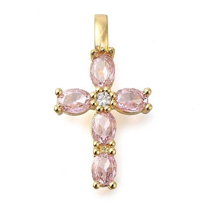 Brass Pave Clear Cubic Zirconia Pendants, Cadmium Free & Lead Free, Cross Charms, with Jump Ring