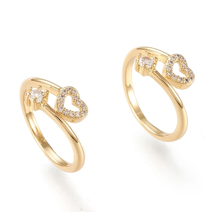 Anillas de latón ajustable micro pavimento claro cubic zirconia, anillos abiertos, sin plomo y cadmio, larga duración plateado, corazón