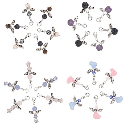 Décorations de pendentifs en pierre précieuse/verre d'ange, avec fermoirs mousquetons en métal, perles en alliage d'aile et perles acryliques