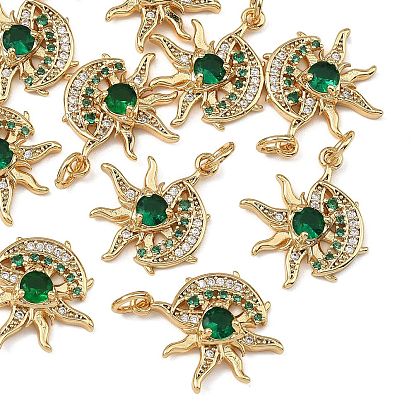 SHEGRACE Brass Pave Green Cubic Zirconia Pendants, Moon & Sun Charms, Cadmium Free & Nickel Free & Lead Free, Long-Lasting Plated