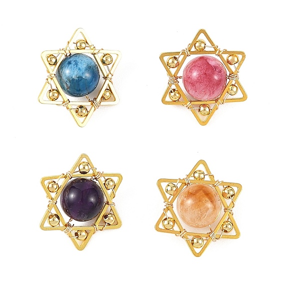 4Pcs 4 Styles Natural Amethyst & Heated Citrine & Apatite & Deyd Green Jade Pendants, Hexagram Charms with Copper Wire Wrapped, Golden