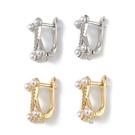 Brass Criss Cross Hoop Earring Findings, Latch Back with Clear Cubic Zirconia and Plastic Pearl Beaded, Lead Free & Cadmium Free