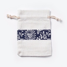 Cotton and Linen Cloth Packing Pouches, Drawstring Bags, with Flower Pattern