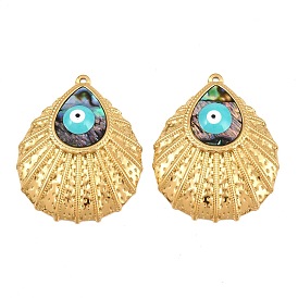 304 Stainless Steel Enamel & Natural Paua Shell Pendants, Teardrop with Evil Eye Charms, Ion Plating(IP)