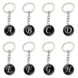 Time Gem Glass Pendant Keychain, with Stainless Steel Findings, Flat Round with Letter