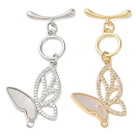 Brass Micro Pave Clear Cubic Zirconia Toggle Clasps, with Shell, Butterfly