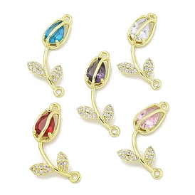 Rack Plating Brass Micro Pave Clear Cubic Zirconia Flower Connertor Charms, Rose Glass Links, Real 18K Gold Plated, Cadmium Free & Lead Free, Long-Lasting Plated