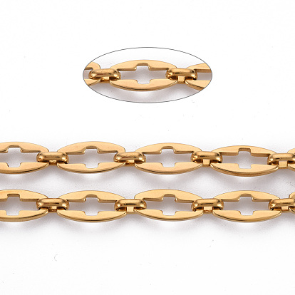 304 Stainless Steel Link Chains, with Spool, Unwelded, Nickel Free, Oval with Hollow Cross, Real 18K Gold Plated