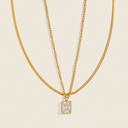 Двухслойные ожерелья в европейском стиле из нержавеющей стали с прозрачными кубическими циркониями и подвеской в виде змеи