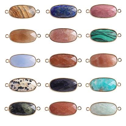 Natural & Synthetic Gemstone Connector Charms, with Brass Edge, Faceted, Oval Links