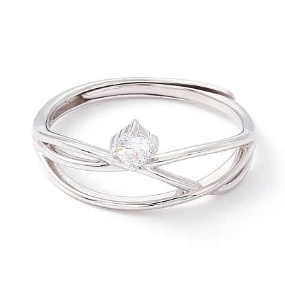 925 Sterling Silver Intertwined Crossover Adjustable Ring for Girl Women, Clear Cubic Zirconia Finger Ring